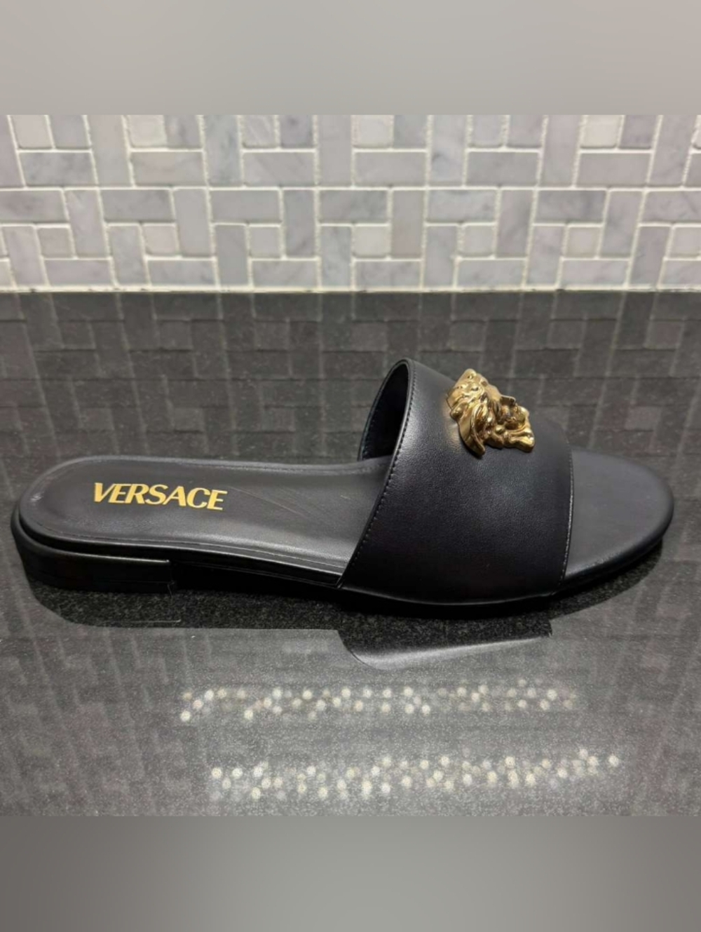 Versace Medusa Slide Sandals Black Leather Gold Logo Womens EU 38 US 8 New - Picture 4 of 13